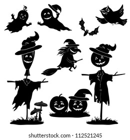 Halloween cartoon, set black silhouette on white background: witch flying on broom, pumpkins, ghost, owl, bat, scarecrow, agaric. Vector