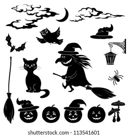 Halloween cartoon, set black silhouette on white background: witch and pumpkin in trolley, ghost, owl, bat, scarecrow, lantern, moon and clouds. Vector