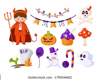 Halloween cartoon set - boy in halloween costume of devil, cute scare pumpkin, candy cane, creepy ghost, skull and bones, voodoo doll, festive flags, violet cake, holiday symbols - isolated vector