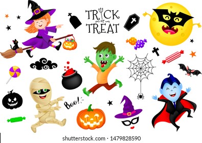 Halloween cartoon set with cute kids in holiday costumes: witch, count dracula, zombie and mummy. Illustration isolated on white backgeound. Halloween poster with text Trick or treat.