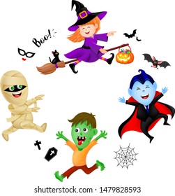 Halloween cartoon set with cute kids in holiday costumes: witch, count dracula, zombie and mummy. Illustration isolated on white backgeound. Design for poster, banner and greeting card.