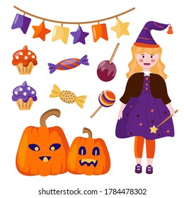 Halloween cartoon set - a girl in a Halloween witch costume with a magic wand, cute pumpkins and many sweets, holiday flags. For postcards, advertising of confectionery- isolated vector