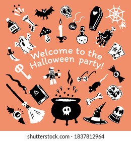 Halloween cartoon set of handdrawing magic elements. Magic hat, bat, skull, candle, pumpkin, magic ball, playing cards, ghost, snake, mushroom, poison,, knife, spider, eye, bone, magic book, candle