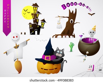 Halloween cartoon set including holiday symbols: pumpkins, ghosts and skeletons. Suitable for children books and greeting card designs