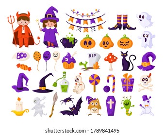 Halloween cartoon set - kids in halloween costumes of devil and witch, pumpkin, scary creepy characters - ghost, monster, bat, skull, voodoo doll, cat, traditional holiday symbols - isolated vector