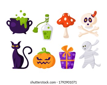 Halloween cartoon set - scary pumpkin lantern jack, scull and bones, gift box, black cat, potion, cauldron, fly agaric and mummy - traditional holiday symbols isolated on white vector illustration