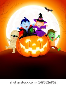 Halloween cartoon set sitting on pumpkin. Cute kids in holiday costumes: witch, count dracula, zombie and mummy. Illustration in moonlight background. 