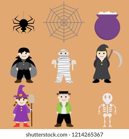 Halloween cartoon set vector. Dracula, witch, skeleton, frankenstein, spider. Set of cartoon characters and objects
