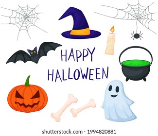 Halloween cartoon set. Vector illustration collection of elements for the holiday. Isolated on white background. Ghost, pumpkin, potion, witch hat, spider web, bat

