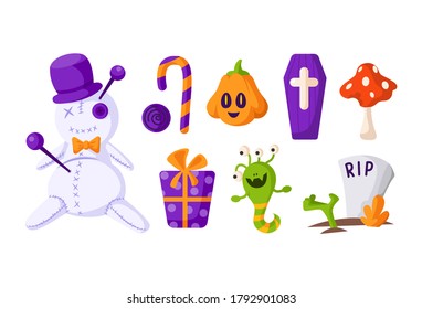 Halloween cartoon set - voodoo doll and pumpkin lantern jack, scary scull and bones, candy or lollipop, gift box and cake - traditional holiday symbols isolated on white vector illustration