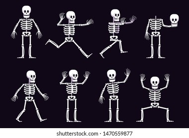 Halloween Cartoon Skeleton In Different Positions. Running Skeleton With Outstretched Arms. Vector Illustration.