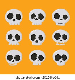 Halloween cartoon skull icons set isolated on orange background. vector illustration.