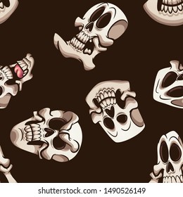 Halloween cartoon skulls with different shapes and expressions seamless pattern. Vector illustration with simple gradients. All in a single layer. 
