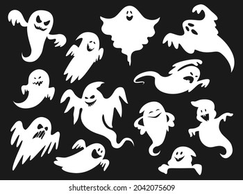 Halloween-Cartoon-Spooky und gruselige Geister, Geist- und Gelehrtenmonster, Vektorweißsilhouetten. Halloween-Feiertag lustige, süße BootGeister oder Poltergeist mit grinigen oder lächelnden und erschreckenden Gesichtern