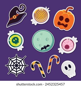Halloween cartoon stickers set. Flat vector illustration.