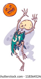 Halloween cartoon style character. Skeleton scary basketball player whith pumpkin ball.