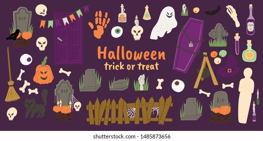 Halloween cartoon style hand drawn symbols - witch hat, pumpkin, grave, raven, black cat, zombie etc. Stock vector