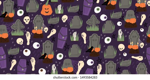 Halloween cartoon style hand drawn seamless pattern with coffin, grave, raven, zombie hand. Fabric textile, wrapping paper or web background. Stock vector