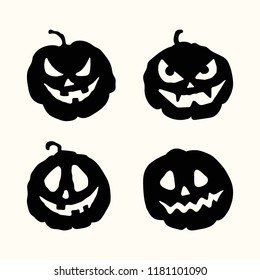 Halloween cartoon style vector silhouette spooky face black pumpkins icons set isolated on the white background.