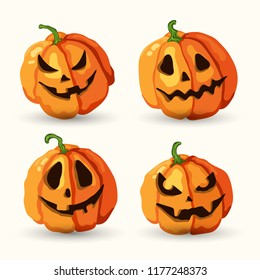 Halloween cartoon style vector smiling spooky face pumpkins set  isolated on the white background.