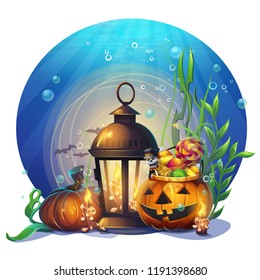 Halloween cartoon stylized vector illustration pumpkin, lantern and candles. Bright image to create original video or web games, graphic design, screen savers.