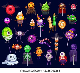 Halloween cartoon sweets characters of vector funny cupcakes, lollipops, donuts and candy corn, witch finger cookies, caramel apple and jelly worms. Halloween holiday trick or treat sweet food design