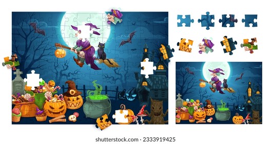 Halloween cartoon sweets and flying witch. Jigsaw puzzle game pieces. Vector worksheet for developing attentiveness. Logic task find detail that fell out of picture. Brain teaser quiz page for kids