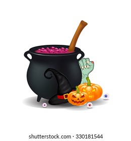 Halloween cartoon, symbols composition. vector objects arrangement, pumpkins, witch hat, cauldron, and more. Vector collage of cute Halloween elements, objects and icons for your design