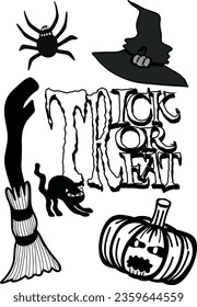Halloween cartoon symbols hand drawns black and white icon character. Vector illustration. Isolated on transparent background.	