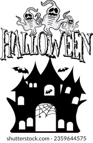 Halloween cartoon symbols hand drawns black and white icon character. Vector illustration. Isolated on transparent background.	
