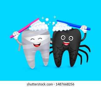 Halloween cartoon tooth character  brushing together. Mummy and spider. Happy Halloween concept. Illustration on blue background.