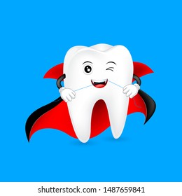 Halloween cartoon tooth cleaning itself by dental floss. Count dracula, funny dental care concept. Illustration isolated on blue background.