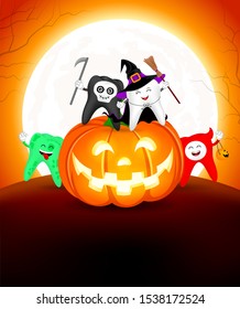 Halloween cartoon tooth set sitting on pumpkin. Cute tooth in holiday costumes: witch, skull, zombie and devil. Illustration in moonlight background. 