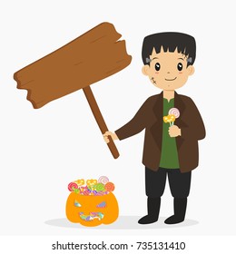 Halloween cartoon vector. a boy wearing Frankenstein costume for Halloween party, holding lollipops and an empty wooden sign