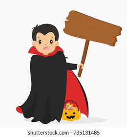 Halloween cartoon vector. a boy wearing Dracula costume for Halloween party and holding an empty wooden sign