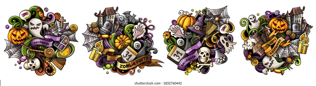 Halloween cartoon vector doodle designs set. Colorful detailed compositions with lot of holiday objects and symbols. Isolated on white illustrations
