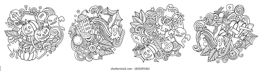 Halloween cartoon vector doodle designs set. Sketchy detailed compositions with lot of holiday objects and symbols. Isolated on white illustrations