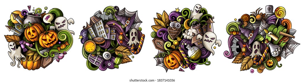 Halloween cartoon vector doodle designs set. Colorful detailed compositions with lot of holiday objects and symbols. Isolated on white illustrations