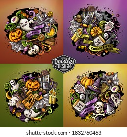 Halloween cartoon vector doodle illustration. Colorful detailed designs with lot of separate objects and symbols. 4 composition set