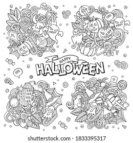 Halloween cartoon vector doodle illustration. Sketchy detailed designs with lot of separate objects and symbols. 4 composition set