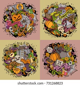 Halloween cartoon vector doodle illustration. Colorful detailed designs with lot of separate objects and symbols. 4 composition set