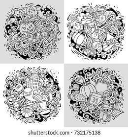 Halloween cartoon vector doodle illustration. Line art detailed designs with lot of separate objects and symbols. 4 composition set
