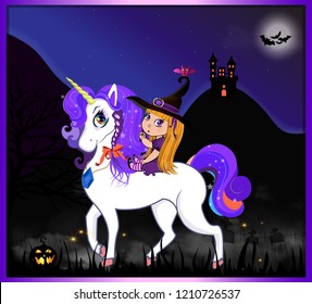 Halloween cartoon vector illustration with cute baby witch girl on beautiful magical unicorn on night full moon scary landscape background with castle, bats, cemetery and jack and copy space for text.