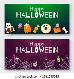 Halloween cartoon vector illustration for invitation cards. Scary halloween food and drinks with spider web, cupcakes, lollipop, candy and quotes of happy halloween. Holiday invitation banners.