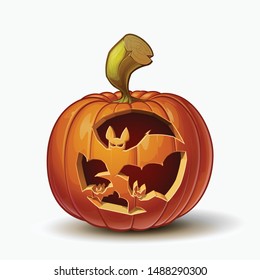 Halloween Cartoon vector illustration of a Jack-O-Lantern pumpkin with a flying bats curving, isolated in white. Pumpkin and Curving Lineart and shading neatly organized on layers n groups 