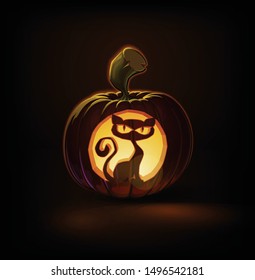 Halloween Cartoon vector illustration of a Jack-O-Lantern pumpkin with a Spooky Cat curving, lit and glowing in the dark. Pumpkin and Curving Lineart and shading neatly organized on layers n groups 