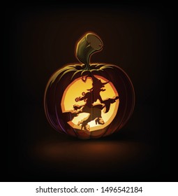 Halloween Cartoon vector illustration of a Jack-O-Lantern with a Witch on Broom curving, lit and glowing in the dark. Pumpkin and Curving Lineart and shading neatly organized on layers n groups 