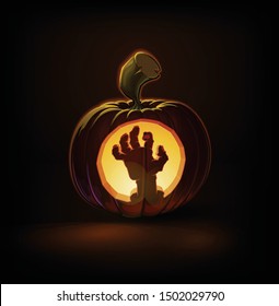 Halloween Cartoon vector illustration of a Jack-O-Lantern pumpkin with a Zombie Hand curving, lit and glowing in the dark. Pumpkin and Curving Lineart and shading neatly organized on layers n groups 