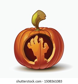 Halloween Cartoon vector illustration of a Jack-O-Lantern pumpkin with a Zombie Hand curving, isolated in white. Pumpkin and Curving Lineart and shading neatly organized on layers n groups 