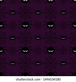 Halloween cartoon vector seamless pattern. Scary spiders and cobweb endless texture. Black silhouettes on purple background. Template for Halloween party invitation, greeting card, paper, textile.